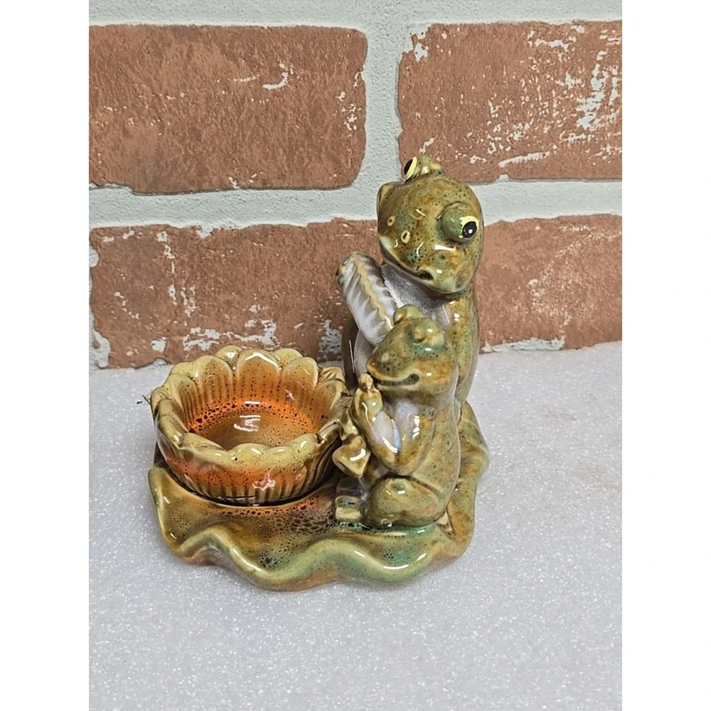 Frogs Toads Votive Candle‎ Holder Playing Instruments on Lily Pad Ceramic Lot 2